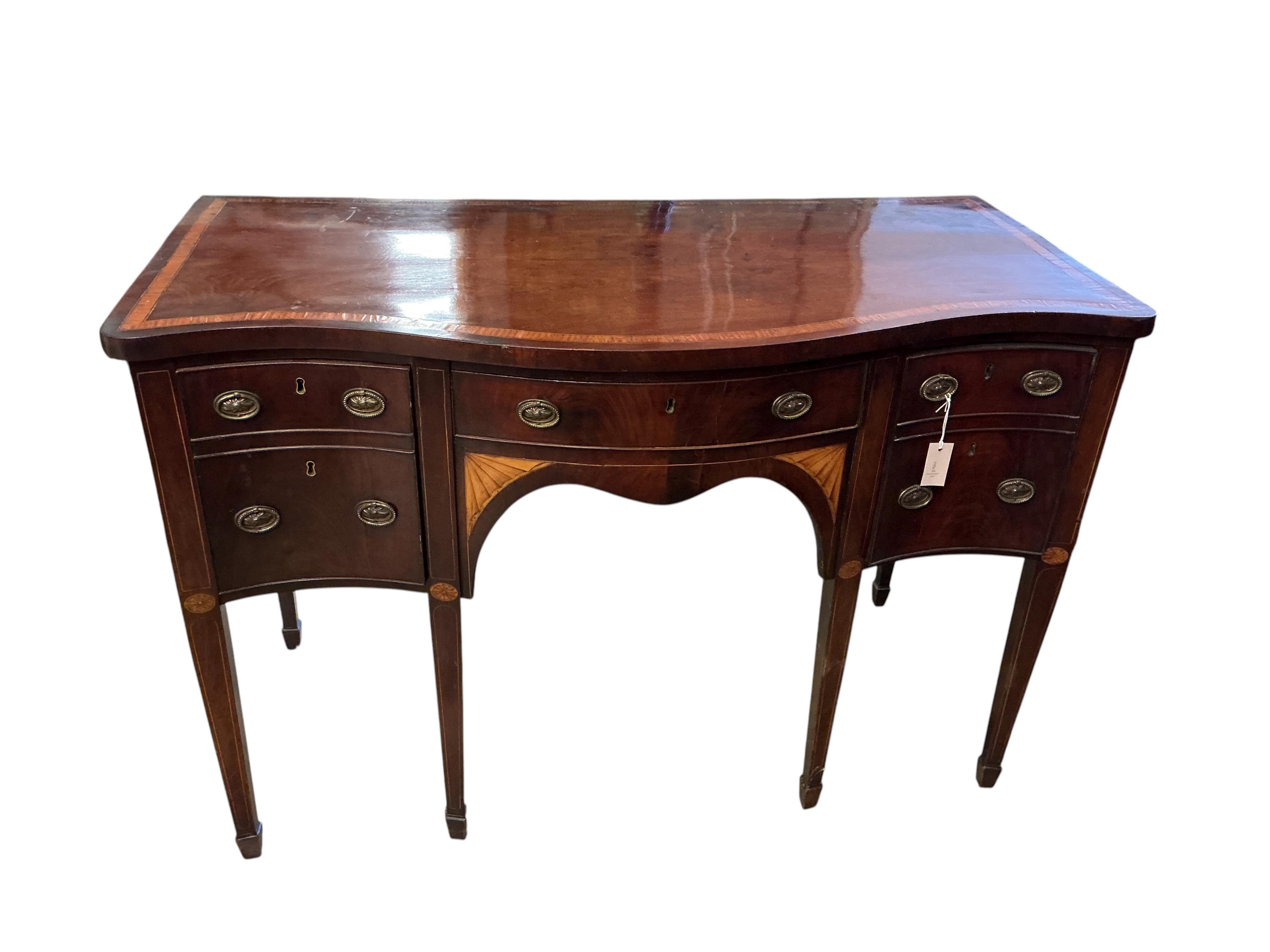 A George III satinwood banded mahogany serpentine sideboard, width 138cm, depth 69cm, height 92cm